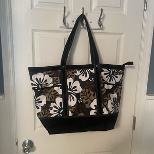 Joe Boxer Zippered Large Tote Hawaiian Flowers Y2K Brown Black White W Keychain
